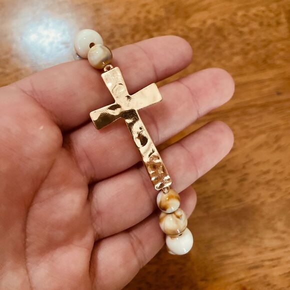 Gold Hammered Cross Beaded Bracelet Neutral Stone Boho Christian Jewelry Gift - Picture 5 of 9